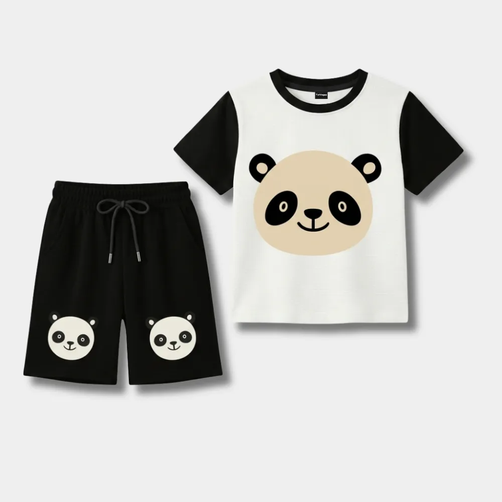 Black shorts and white t-shirt with panda bear designs, casual outfit for kids, black and white colors.