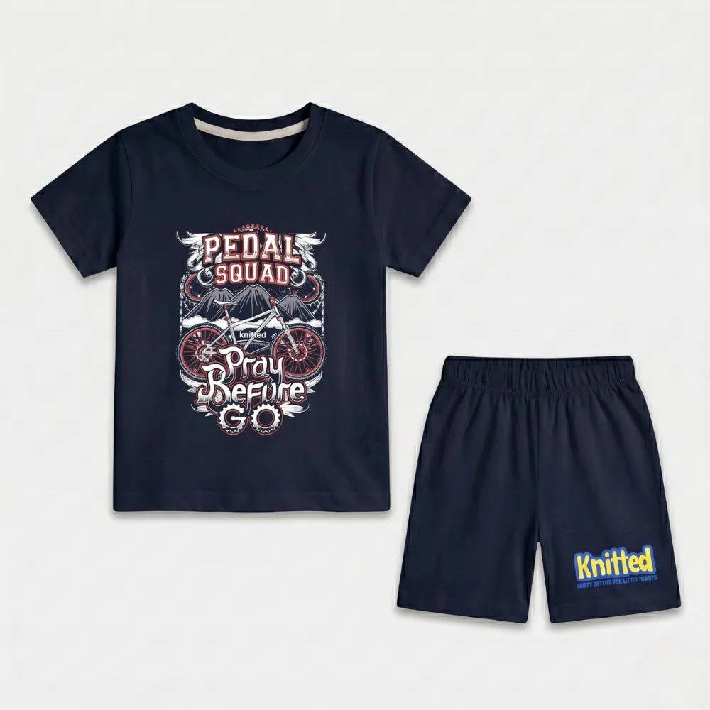 Navy blue kids' outfit with graphic t-shirt and shorts, featuring bicycle design and 'Pedal Squad' text.