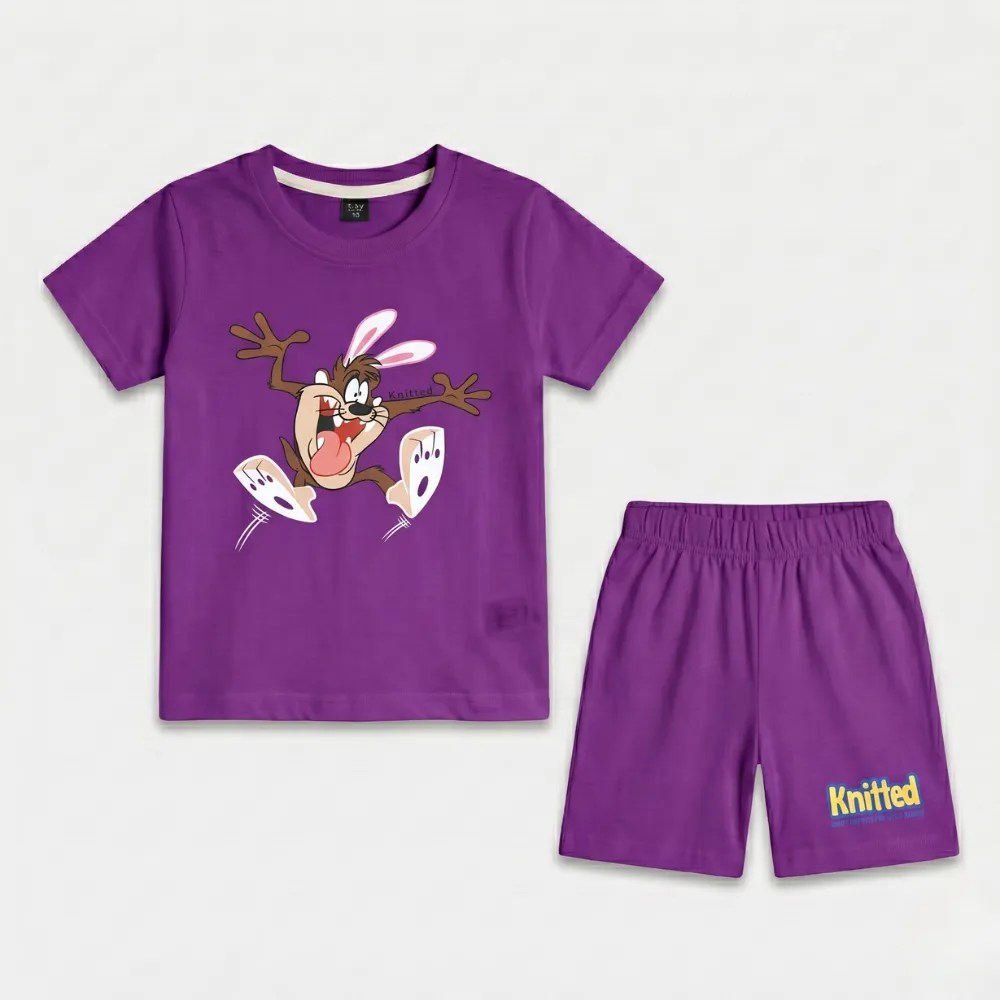 Purple baby t-shirt and shorts set featuring a cartoon character with antlers and a carrot, made of soft cotton material.