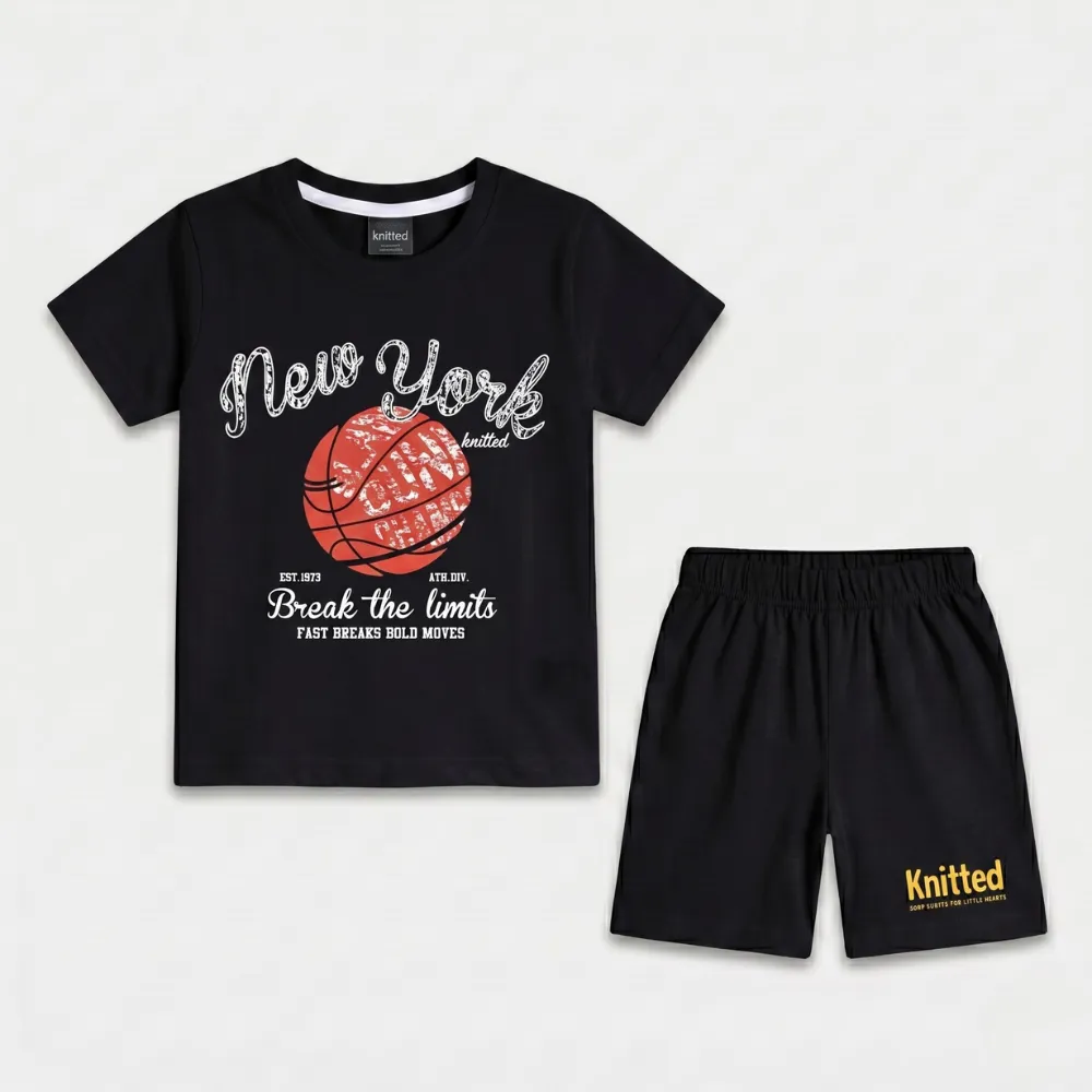 Black t-shirt with New York basketball design and matching black shorts for kids, featuring a red basketball graphic and motivational text.