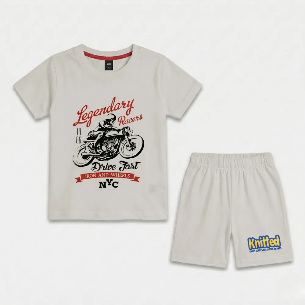 White t-shirt with red and black graphic of a motorcyclist and text 'Legendary Racers Drive Fast Iron and Wheels NYC' paired with white shorts with 'Knitted' logo.