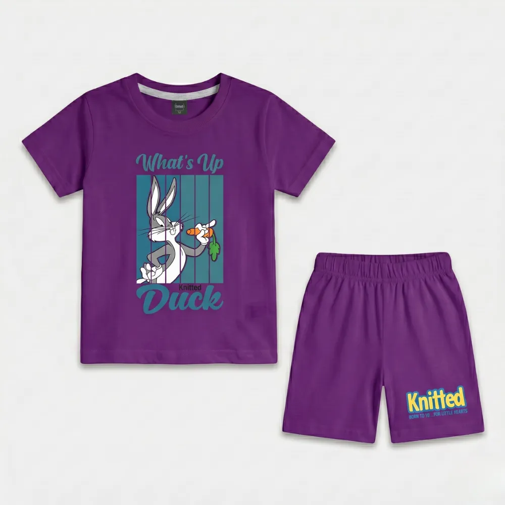 Purple kids t-shirt with a graphic of Bugs Bunny and Daffy Duck, text reads 'What's Up Knitted Duck', paired with purple shorts