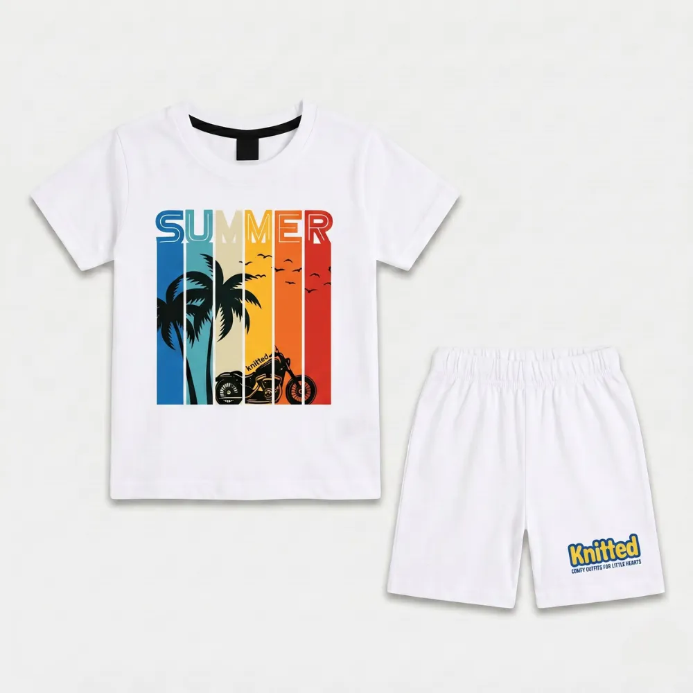 White t-shirt with colorful summer design featuring palm trees, birds, and a motorcycle, paired with white shorts.
