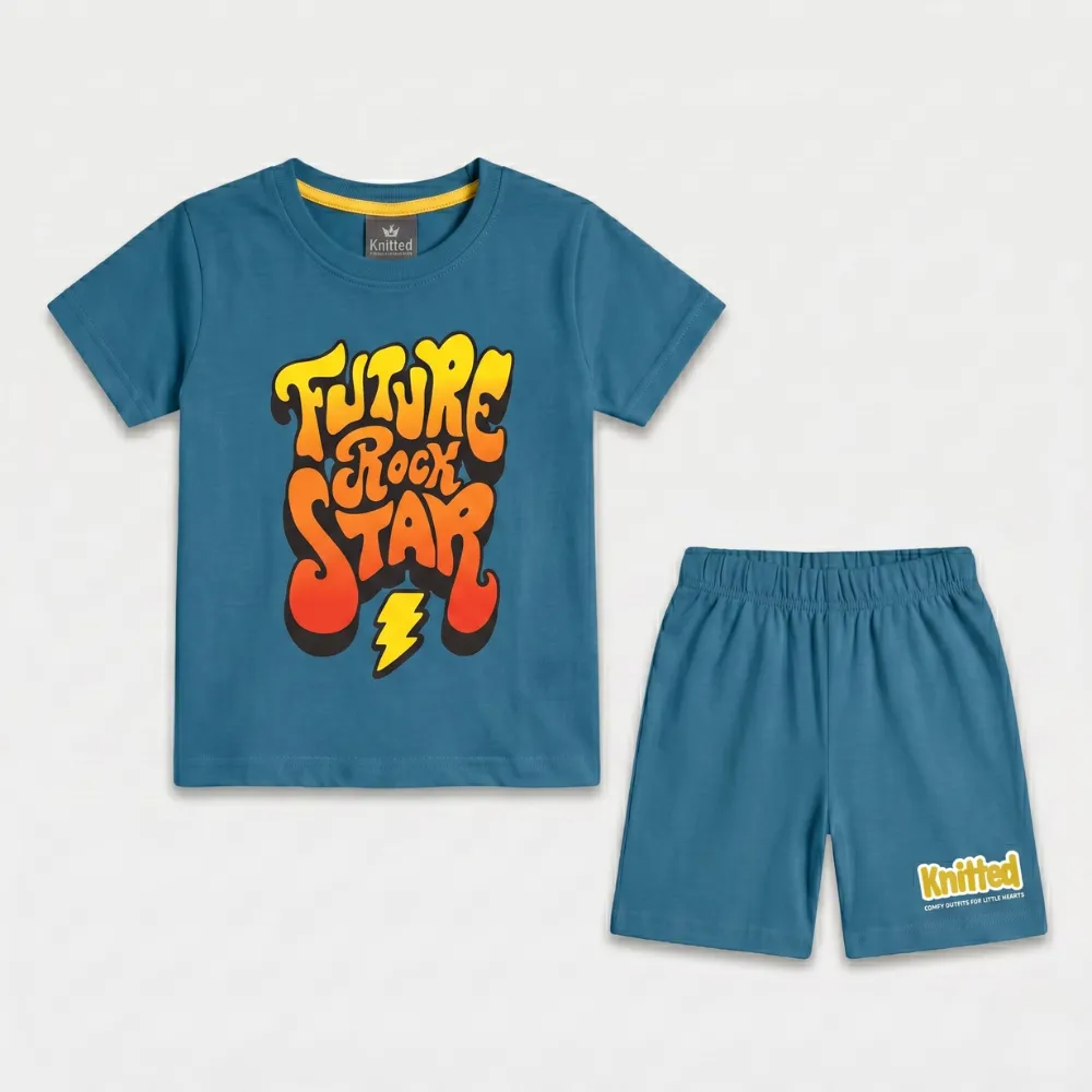 Blue t-shirt with 'Future Rock Star' text design and matching blue shorts for kids.