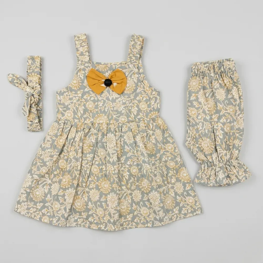 Gray and gold floral dress with yellow bow, matching headband and leggings for baby girl