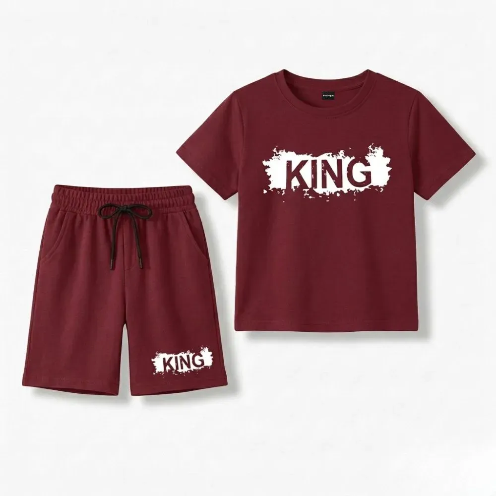 Maroon shorts and t-shirt set with 'KING' print on both, made of comfortable material.