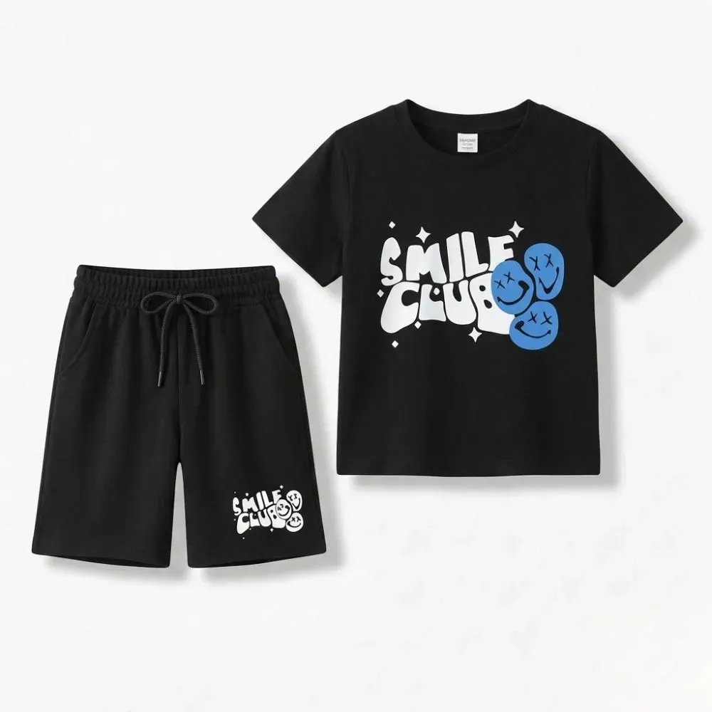 Black graphic t-shirt and shorts set with 'Smile Club' logo and smiley face design.