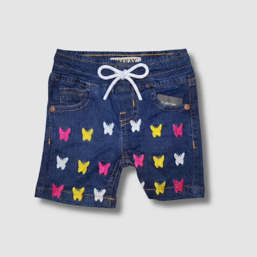 Dark blue denim shorts with colorful butterfly embroidery and white drawstring.