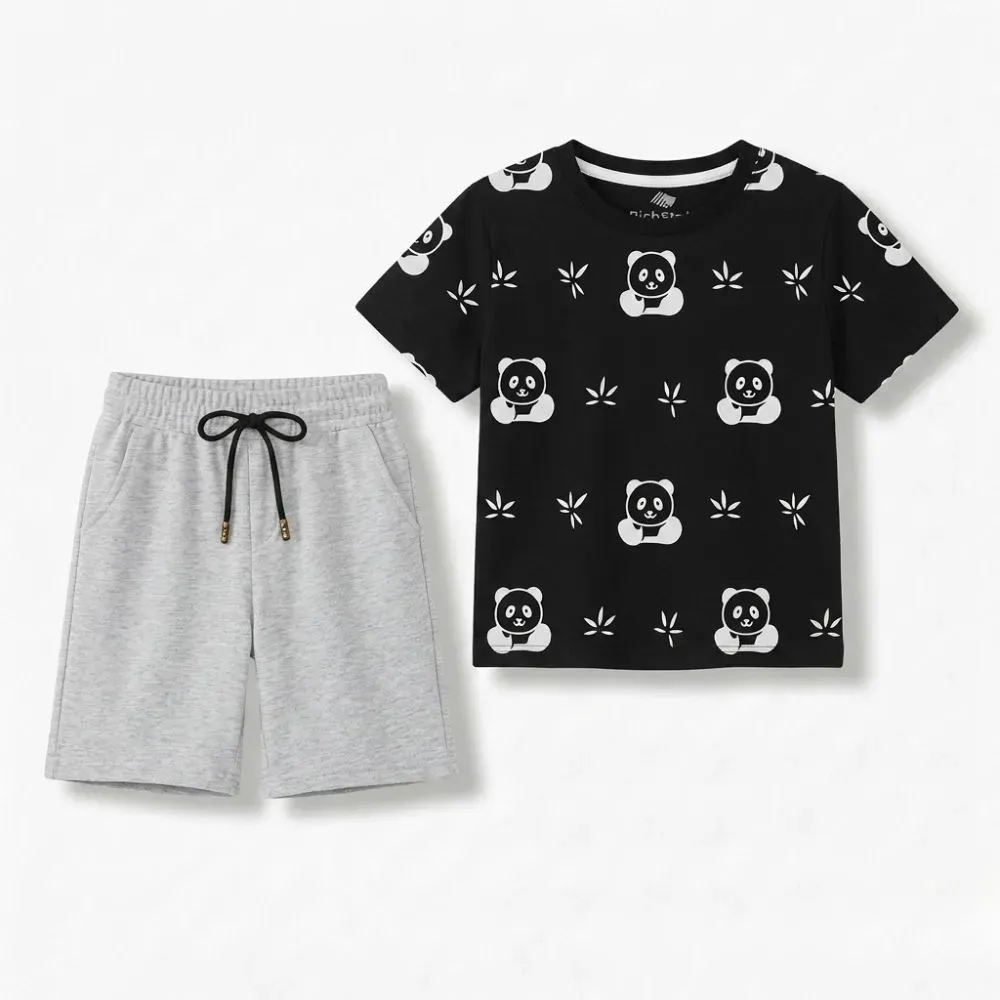Black t-shirt with white panda bear and leaf pattern, paired with light gray shorts.